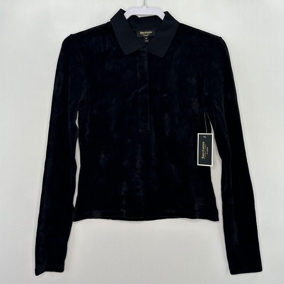 Juicy Couture Tops - Juicy Couture Black Label Velour Long Sleeve Collar Shirt Medium Black Y2K Style